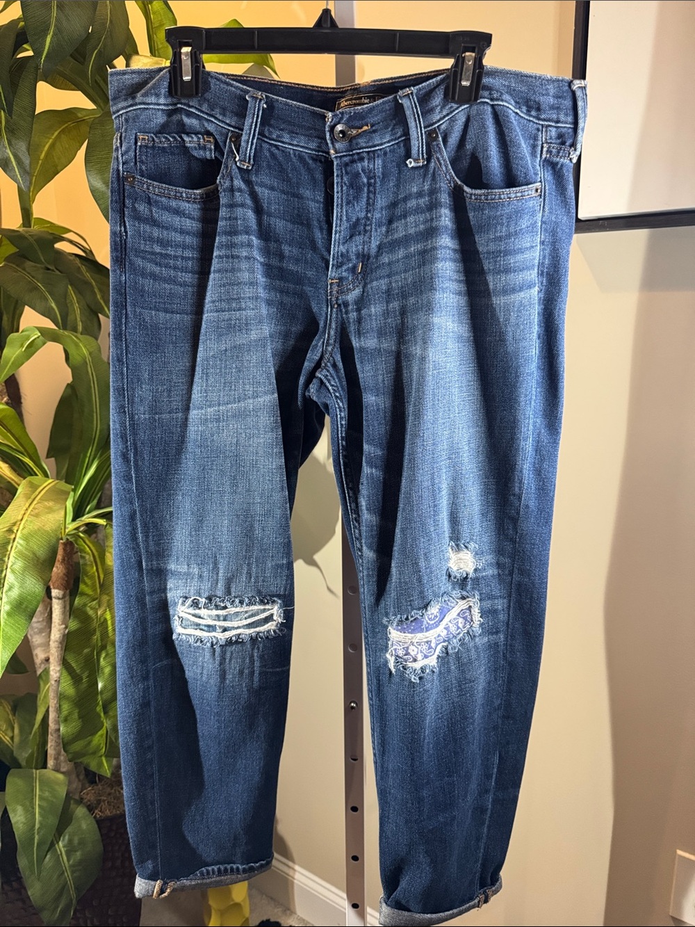Women's Blue Distressed Denim Jeans with Patch Detail. Abercrombie and Fitch